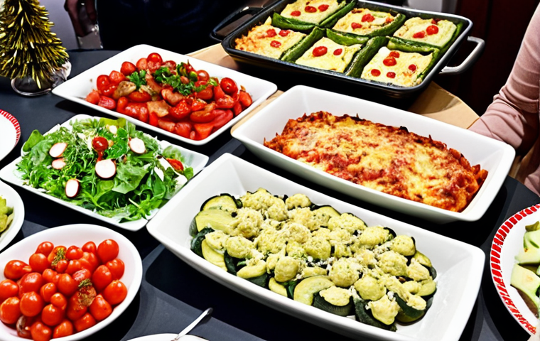 **Image:** A vibrant and colorful low-carb buffet at a German Christmas party. Guests are enjoying dishes like zucchini lasagna, cauliflower pizza, and salads with avocado oil dressing. Some have brought their own low-carb dishes to share. The atmosphere is festive and inclusive, showing how to enjoy social events while maintaining a low-carb lifestyle. Focus on showcasing healthy and delicious food options.