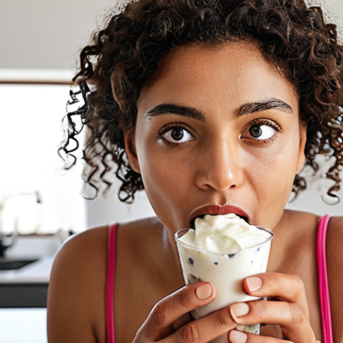 **

A person mindfully eating a protein-rich snack like Greek yogurt with berries in a bright, modern kitchen. Focus on the textures of the food and a calm, focused expression on the person's face. The setting conveys healthy choices and conscious eating habits.

**
