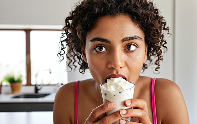 **
A person mindfully eating a protein-rich snack like Greek yogurt with berries in a bright, modern kitchen. Focus on the textures of the food and a calm, focused expression on the person's face. The setting conveys healthy choices and conscious eating habits.
**