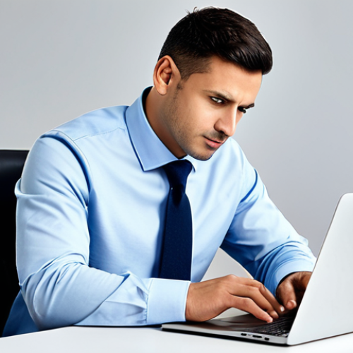 A professional man in a modest business casual shirt, sitting at a clean desk with a laptop, looking deeply focused and clear-headed. The office environment is bright and modern, with soft, natural light. He appears highly productive and calm. Fully clothed, appropriate attire, safe for work, perfect anatomy, natural proportions, well-formed hands, proper finger count, natural body proportions, professional photography, high quality, family-friendly.