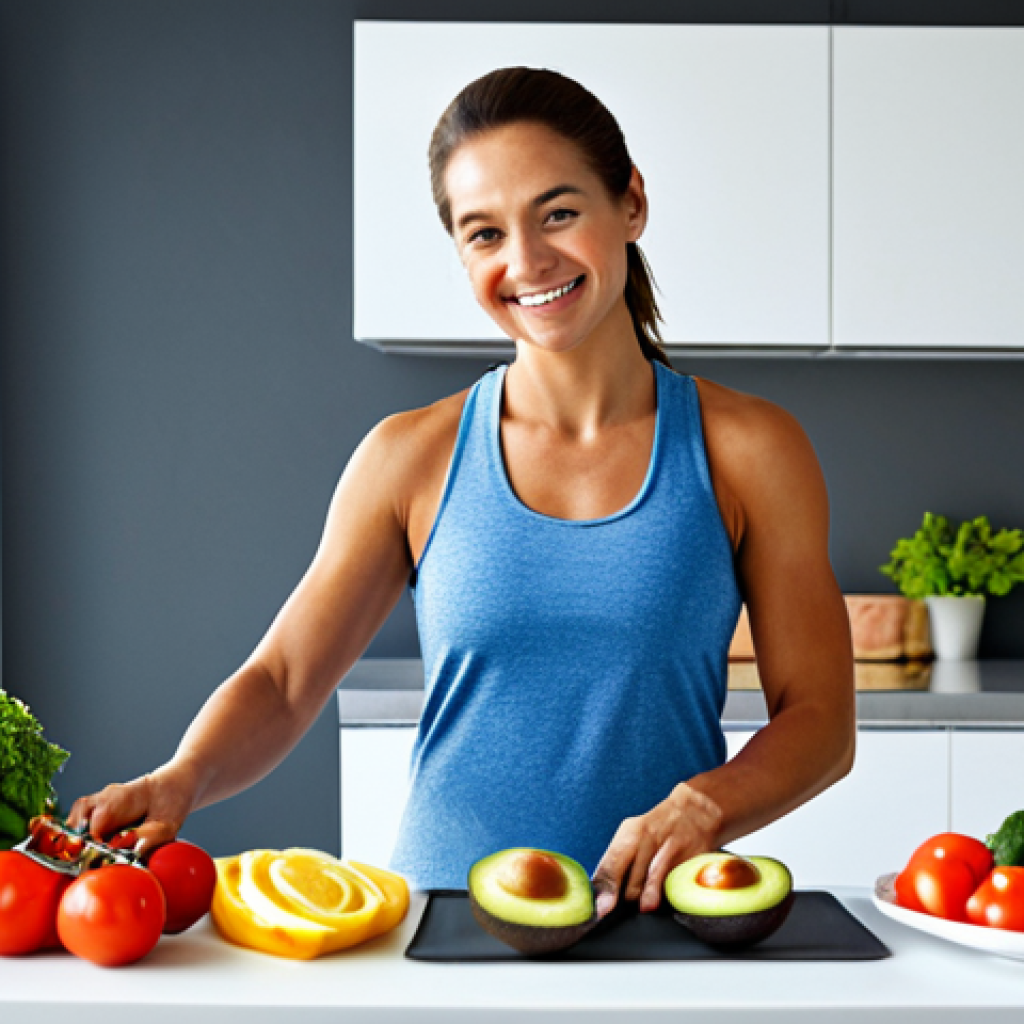 Healthy Lifestyle Visualisation**

"A brightly lit kitchen scene featuring a woman preparing a healthy meal. She is smiling and surrounded by colorful vegetables, lean proteins (chicken/fish), and healthy fats like avocados and nuts. She is fully clothed in comfortable workout attire. The kitchen is modern and clean.  safe for work, appropriate content, fully clothed, professional, family-friendly, perfect anatomy, correct proportions, natural pose, well-formed hands, proper finger count, natural body proportions, high quality photography."

**