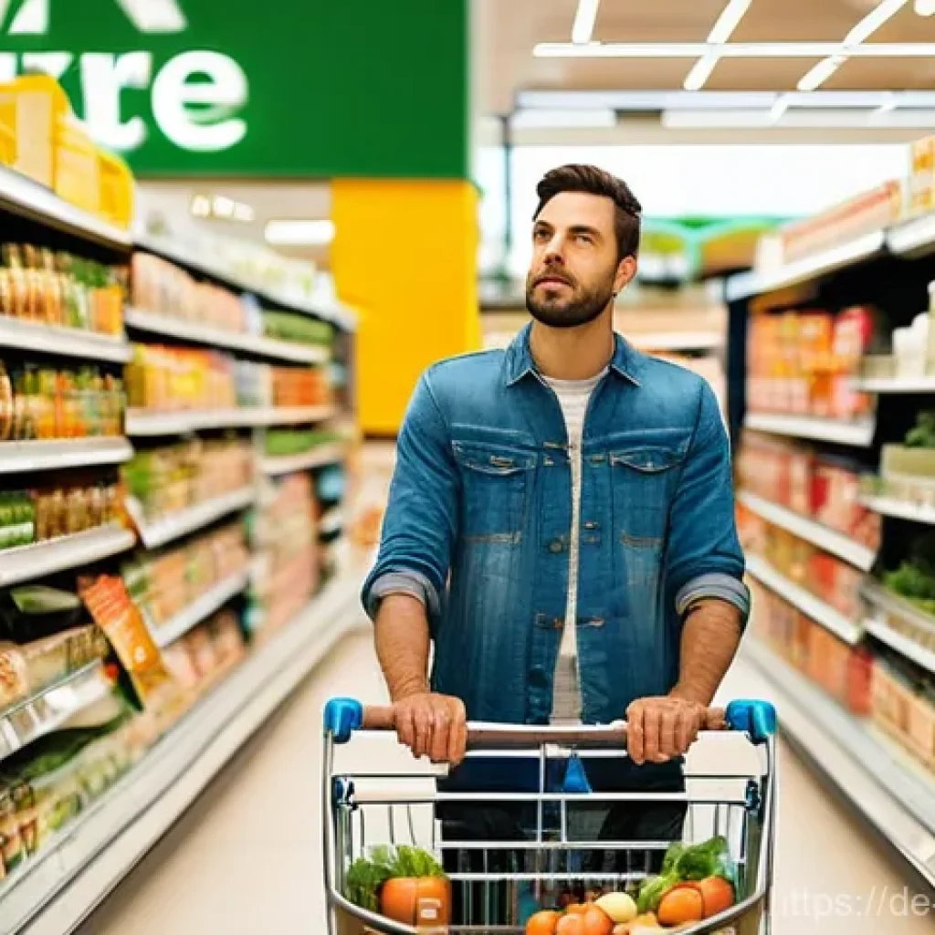 저탄수화물 다이어트를 위한 주의할 점 - **Prompt:** A diverse individual, aged late 20s to early 40s, stands in a brightly lit aisle of a mo...