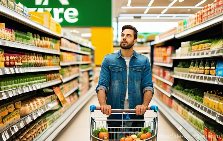 저탄수화물 다이어트를 위한 주의할 점 - **Prompt:** A diverse individual, aged late 20s to early 40s, stands in a brightly lit aisle of a mo...