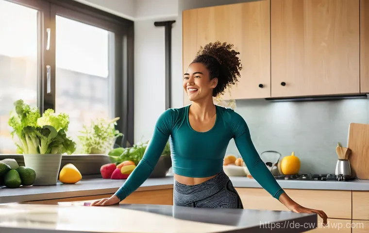 저탄수화물 다이어트의 장점과 단점 - **Prompt:** A vibrant, energetic woman in her late 20s, with a radiant smile, stretching gracefully ...