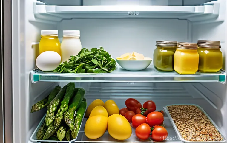 저탄수화물 다이어트 식단 구성법 - Image Prompt 1: The Low-Carb Paradise Fridge**