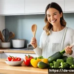 저탄수화물 다이어트와 혈당 관리의 중요성 - **Prompt:** A vibrant, sunlit modern kitchen. A German woman in her early 30s, dressed in comfortabl...