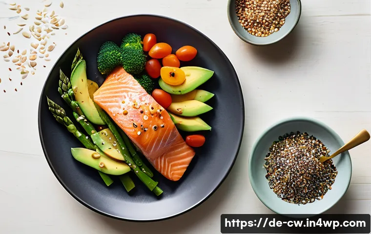 저탄수화물 다이어트와 식욕 조절 - **Prompt 1: A Vibrant, Satisfying Low-Carb Meal**
    "A visually appealing flat lay photograph of a...