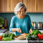 저탄수화물 다이어트의 지속 가능한 접근 방법 - A vibrant and inviting kitchen scene showing a middle-aged German woman preparing a variety of color...