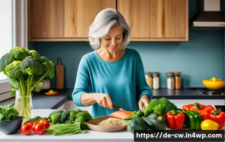 저탄수화물 다이어트의 지속 가능한 접근 방법 - A vibrant and inviting kitchen scene showing a middle-aged German woman preparing a variety of color...