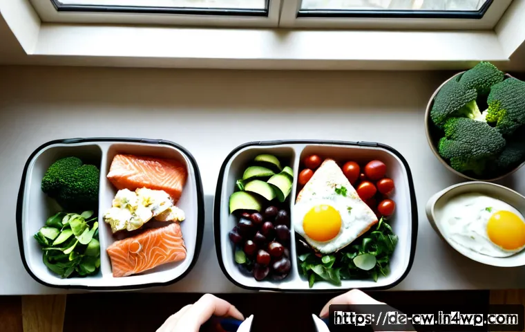 Home 17 저탄수화물 다이어트 계획 세우기 - Photorealistic overhead view of a low-carbohydrate weekly meal planning scene on a clean light oak k...