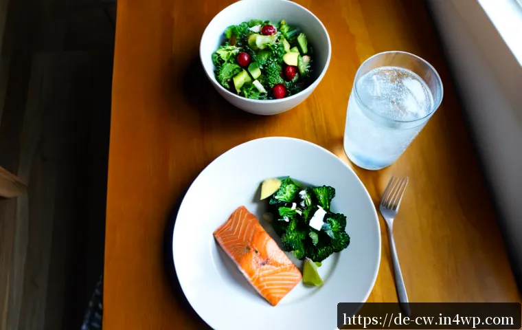 저탄수화물 다이어트의 기본 원칙 - Photorealistic overhead view of a simple low-carbohydrate meal on a clean light-wood kitchen table: ...
